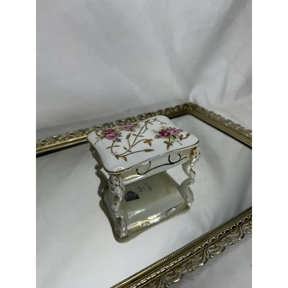 Vtg Arnart Creations Lidded Footed Trinket Dish w/ Gold Trim and Rose Transfer